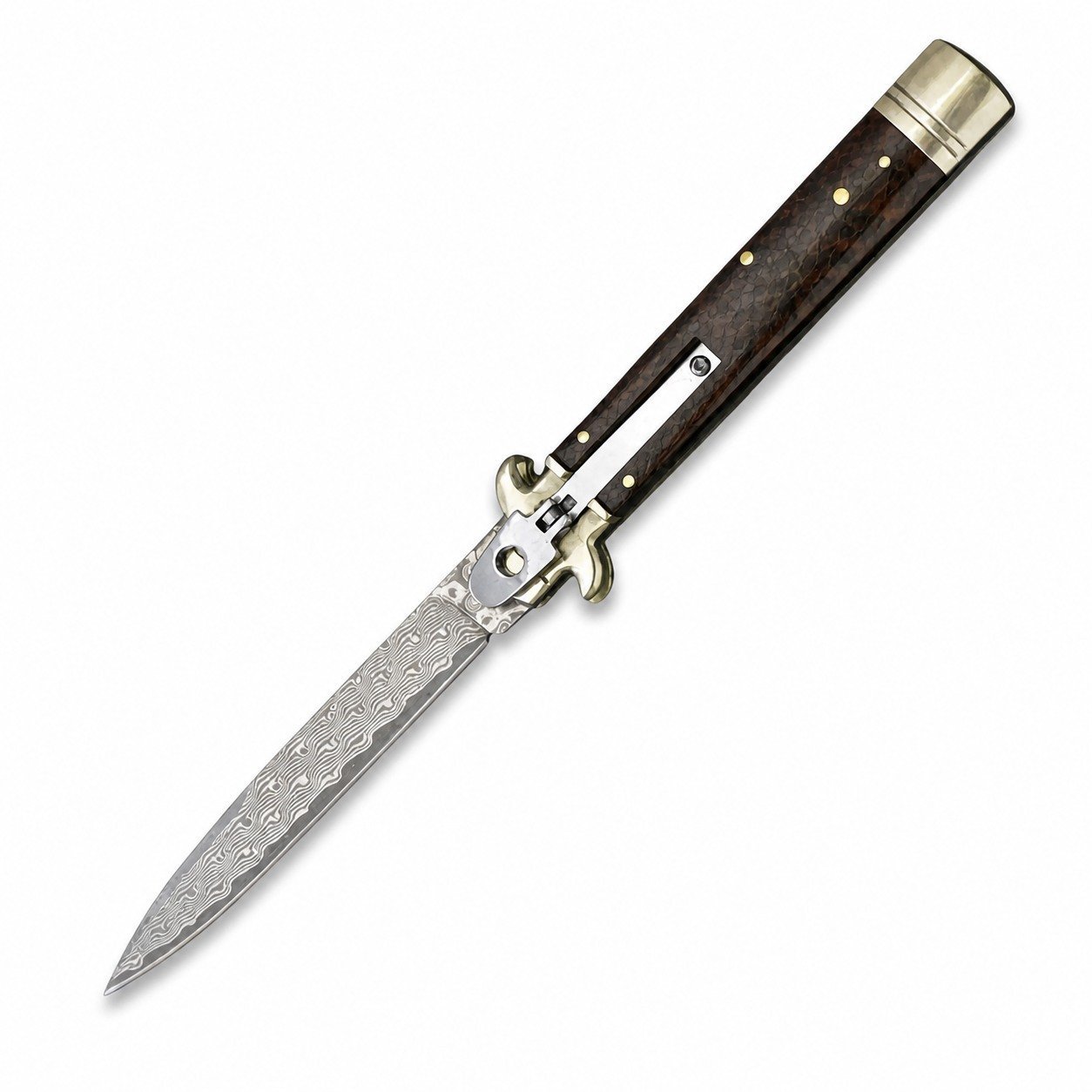 44715-main-white-clean.jpg Cuchillo Stiletto de Damasco con mango de madera de piel de serpiente de 9 pulgadas