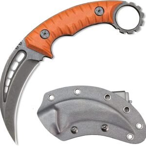 cuchillo de cuchilla fija Karambit – cuchillo de garra de acero D2 con mango G10 & funda (naranja)